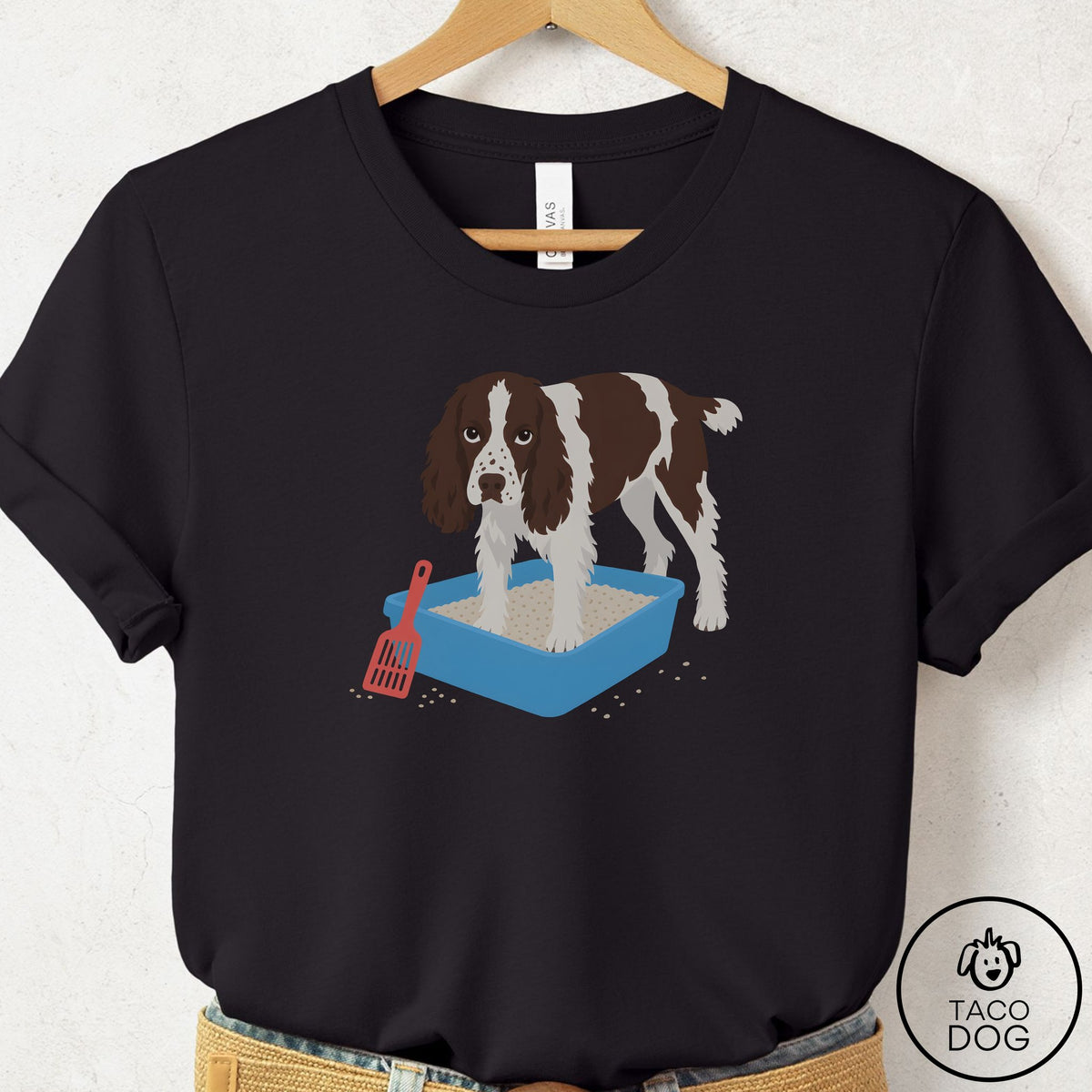 Springer Spaniel Litter Box T-Shirt Black Taco-Dog