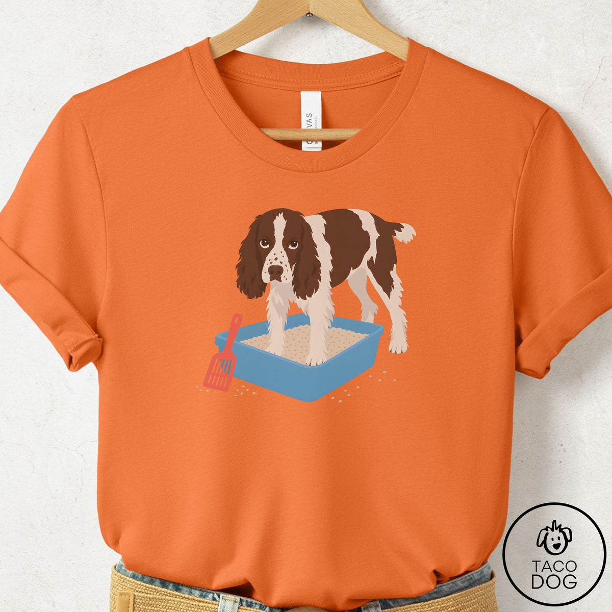 Springer Spaniel Litter Box T-Shirt Burnt Orange Taco-Dog