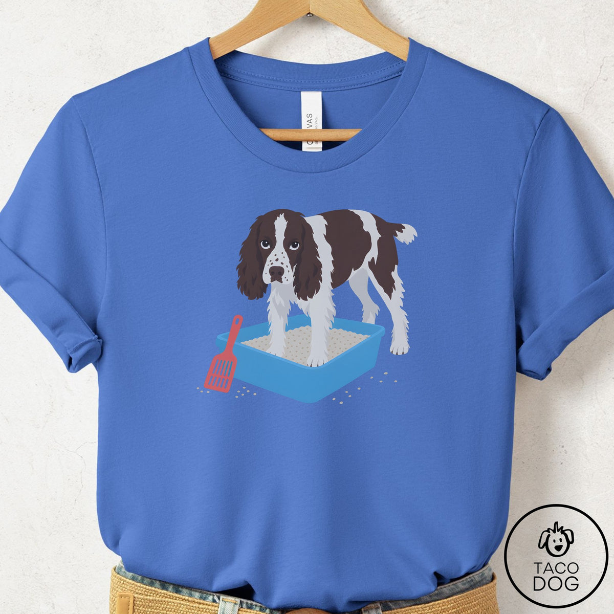 Springer Spaniel Litter Box T-Shirt Columbia Blue Taco-Dog