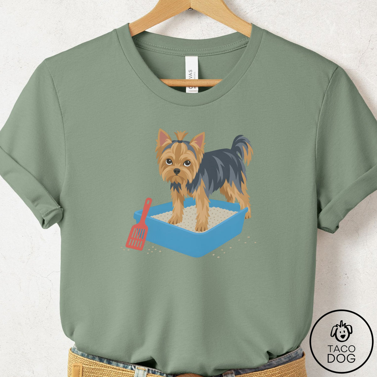 Yorkshire Terrier Yorkie Litter Box T-Shirt Sage Taco-Dog