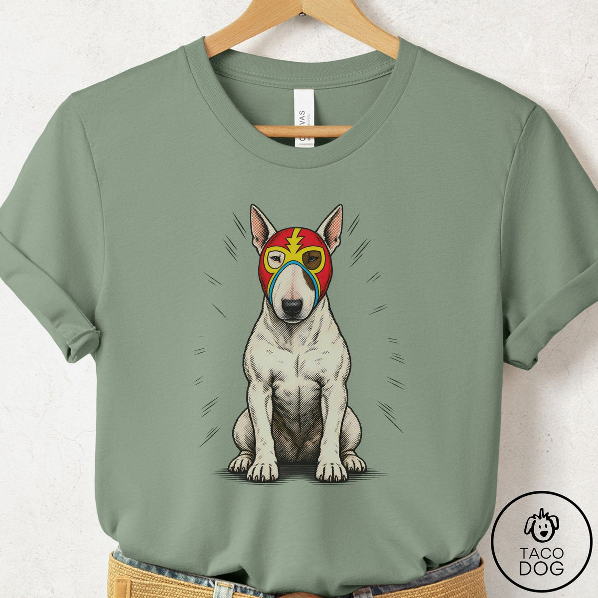 Bull Terrier Luchador 2 T-Shirt Sage Taco-Dog
