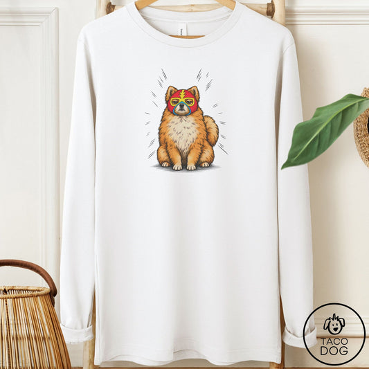 Pomeranian Luchador 2 Long Sleeve Tee White Taco-Dog