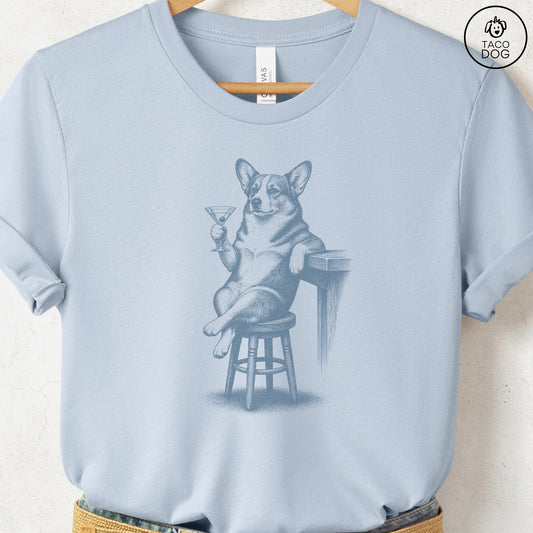 Corgi Martini T-Shirt Light Blue S Taco-Dog