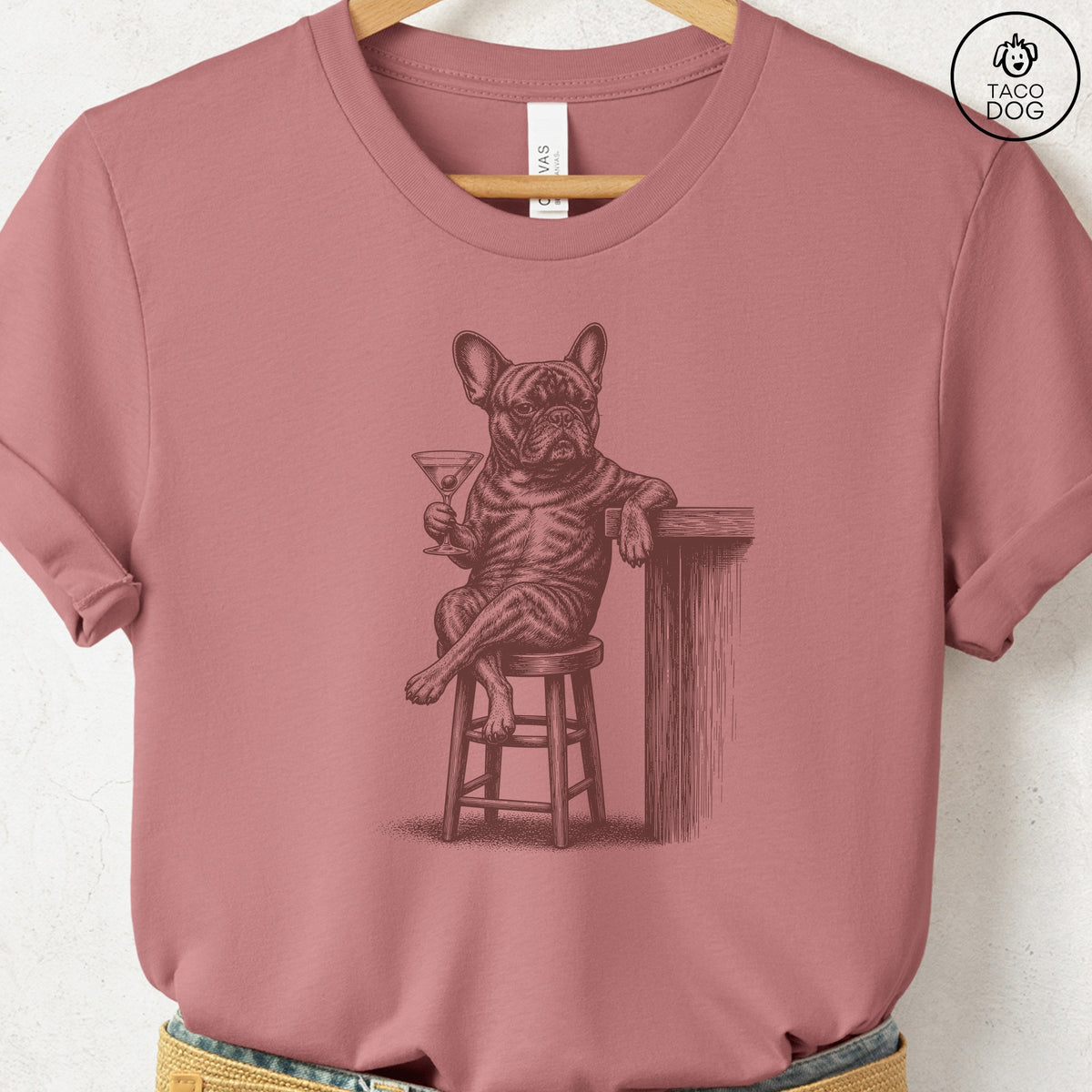 French Bulldog Frenchie Martini T-Shirt, design close-up