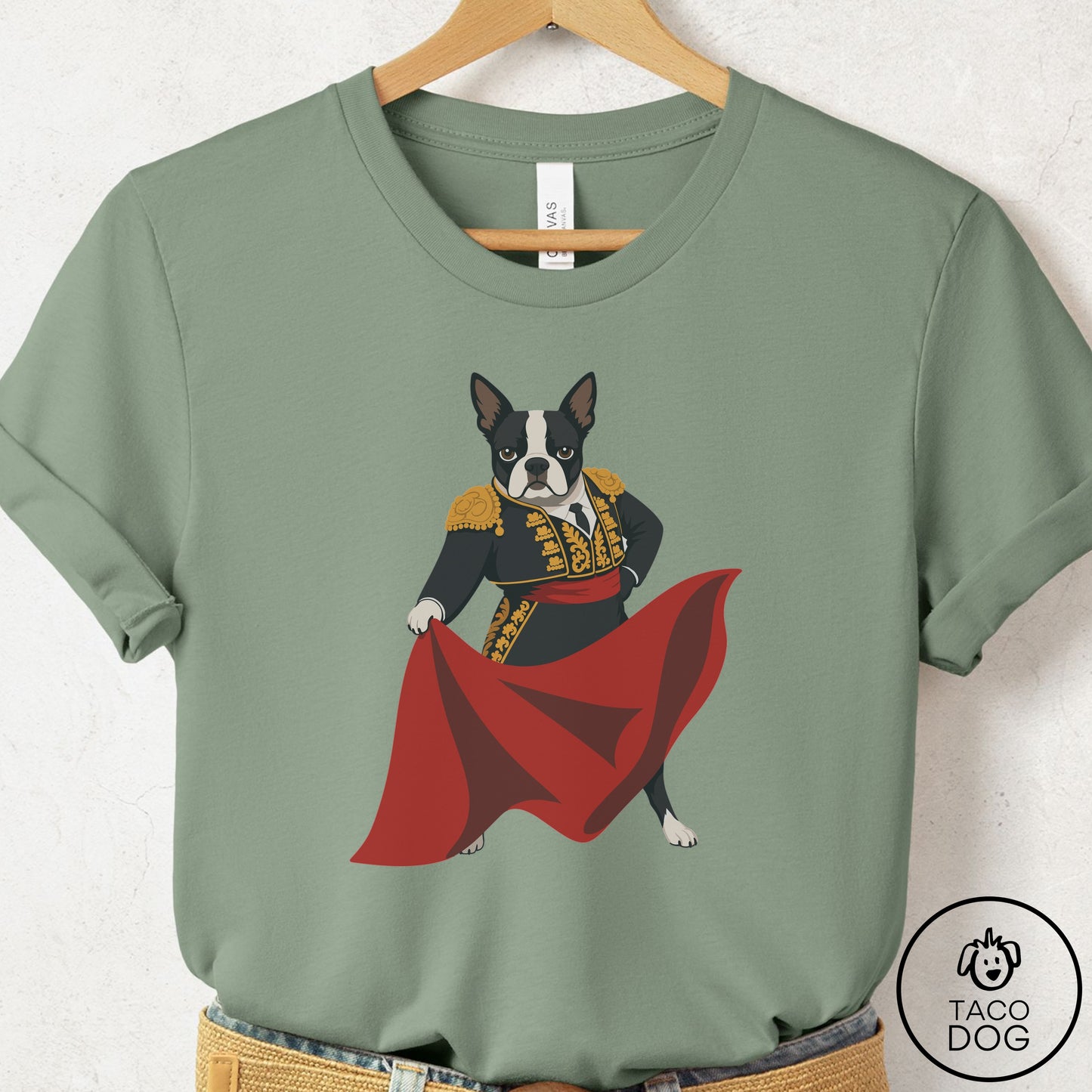 Boston Terrier Matador T-Shirt Sage Taco-Dog