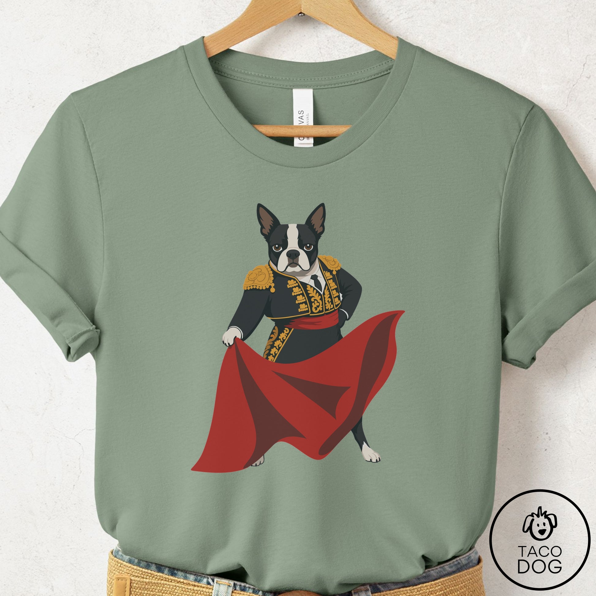 Boston Terrier Matador T-Shirt Sage Taco-Dog