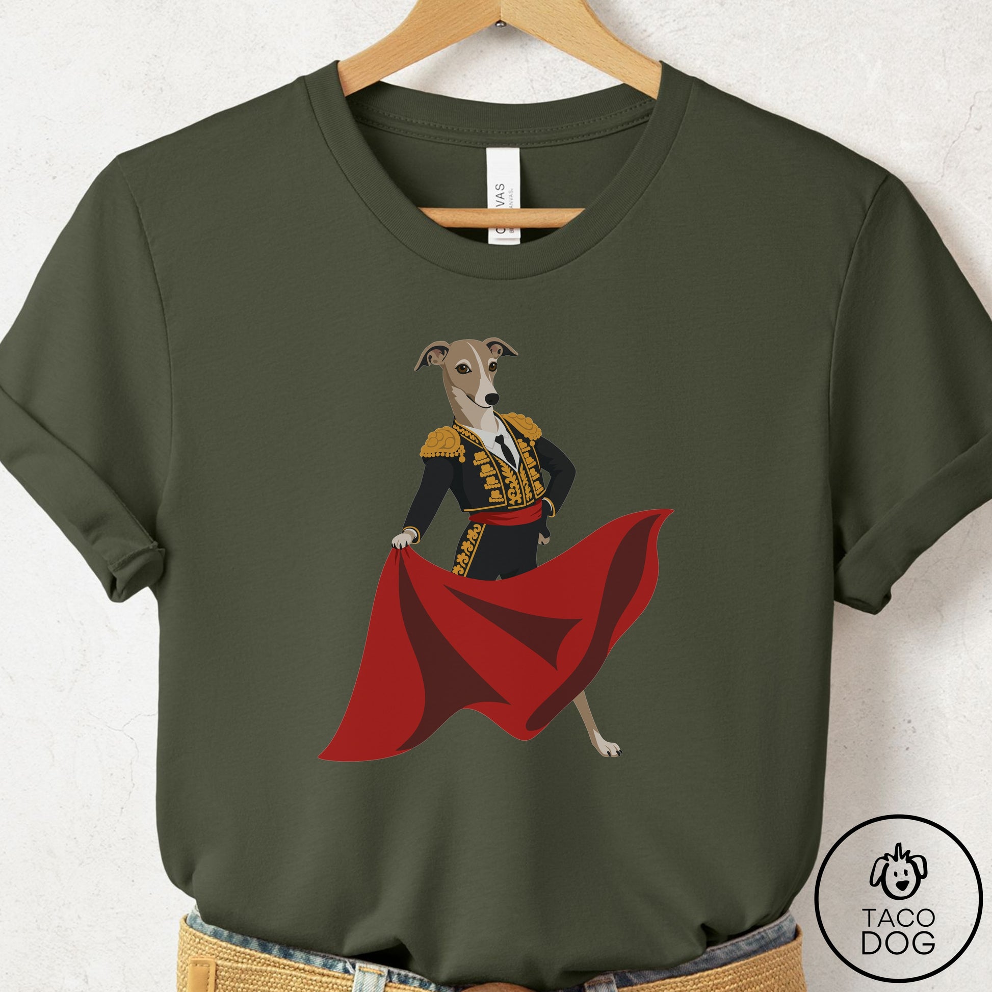Italian Greyhound Whippet Matador T-Shirt Military Green Taco-Dog