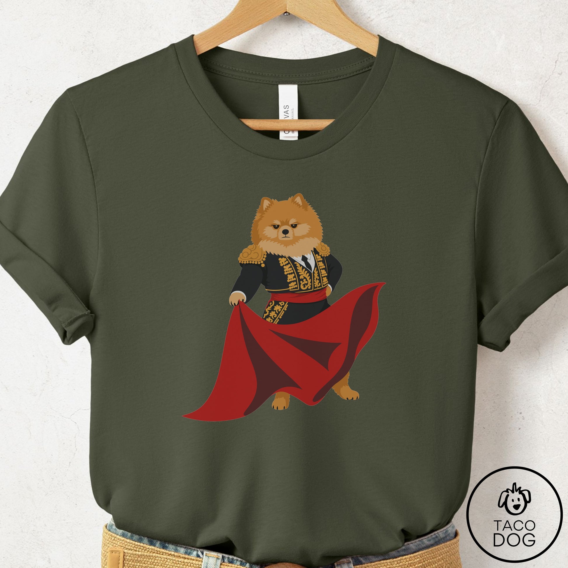 Pomeranian Matador T-Shirt Military Green Taco-Dog