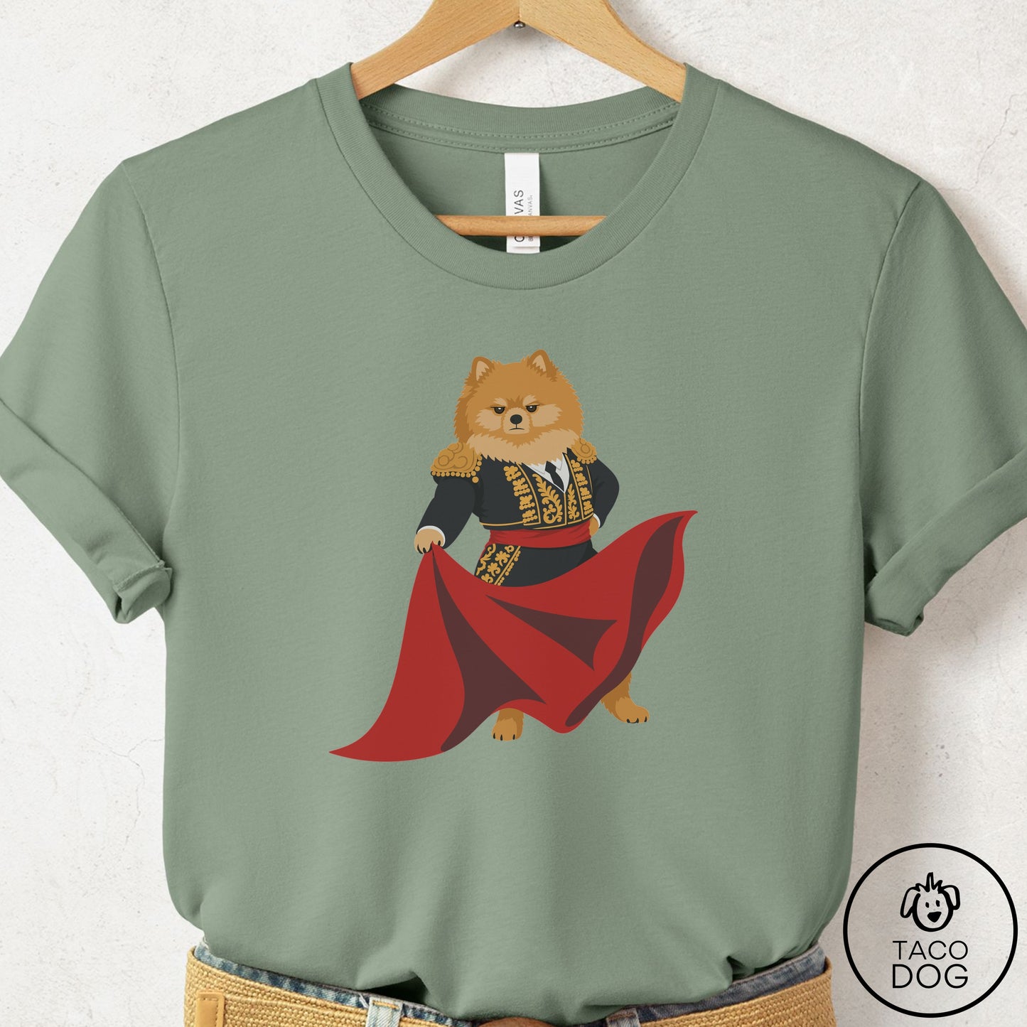 Pomeranian Matador T-Shirt Sage Taco-Dog