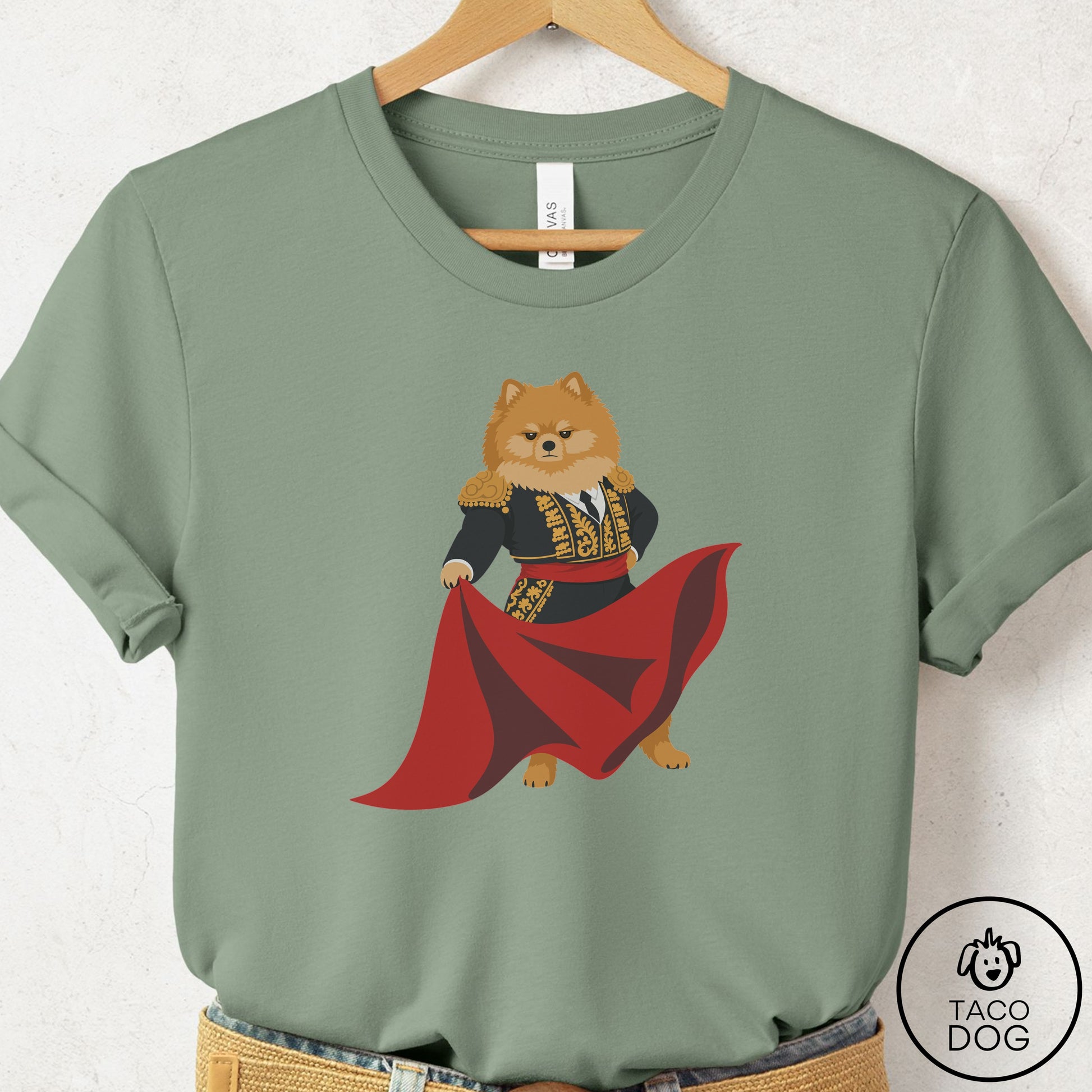 Pomeranian Matador T-Shirt Sage Taco-Dog