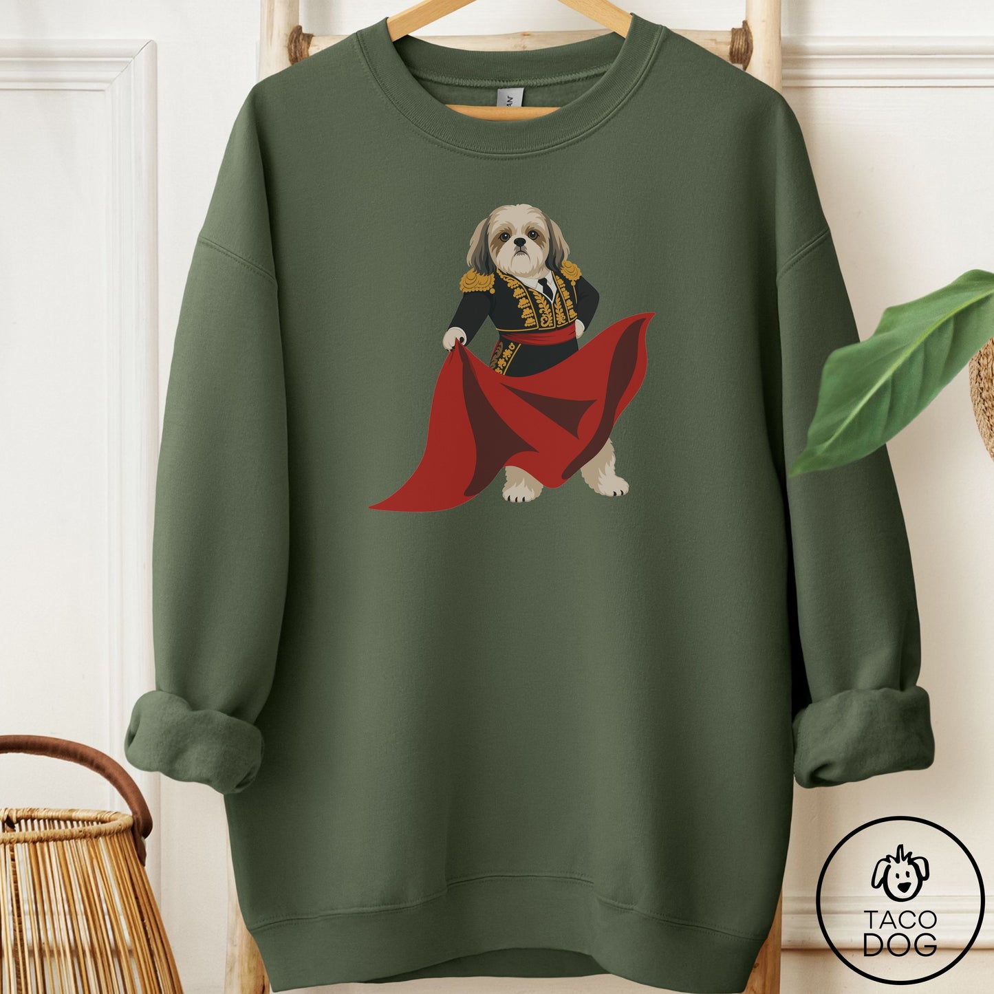 Shih Tzu Matador Sweatshirt Military Green Taco-Dog