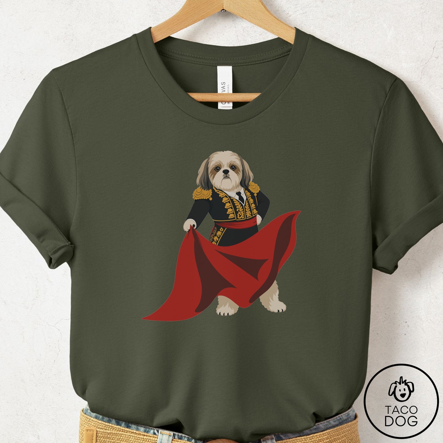 Shih Tzu Matador T-Shirt Military Green Taco-Dog