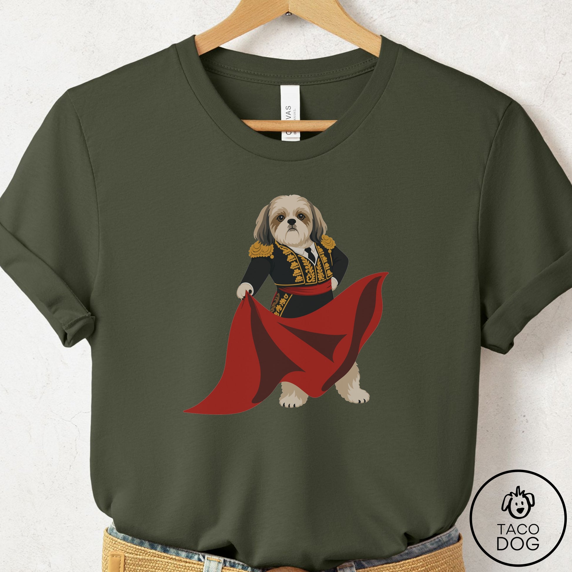 Shih Tzu Matador T-Shirt Military Green Taco-Dog