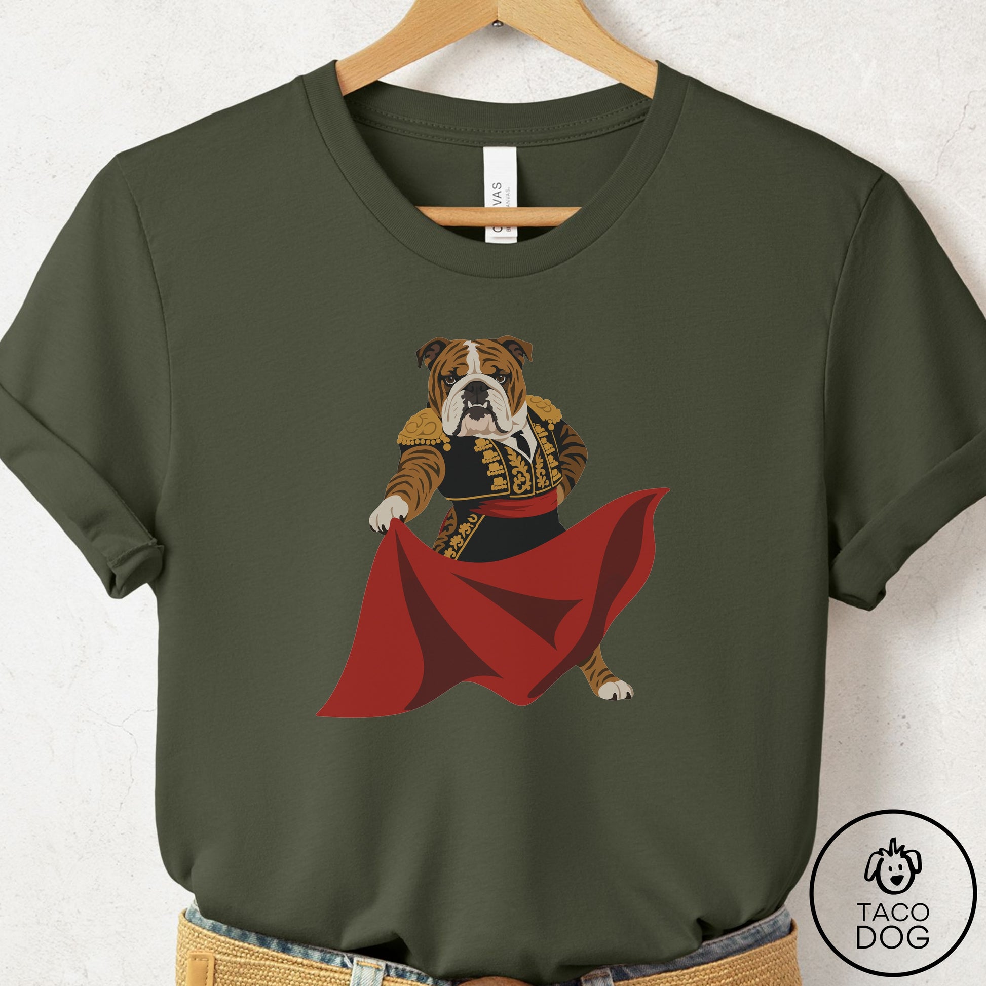 English Bulldog Matador T-Shirt Military Green Taco-Dog