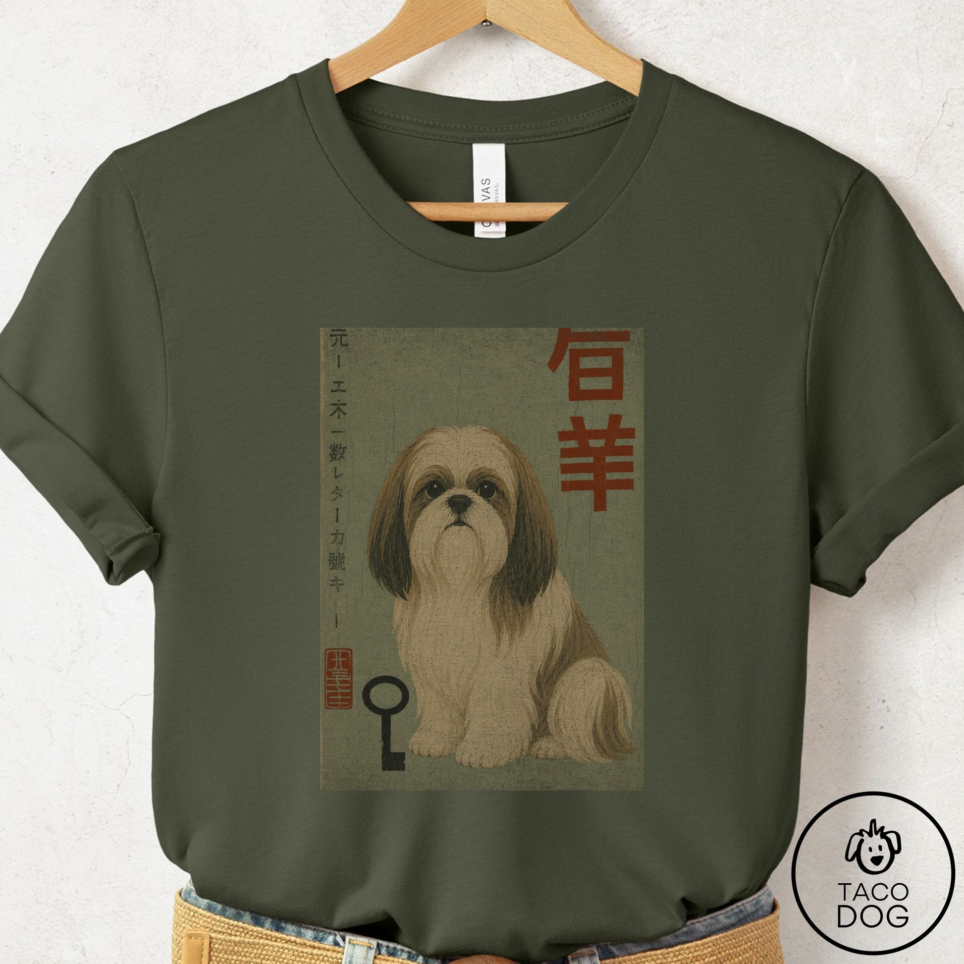 Shih Tzu Matchbox T-Shirt Military Green Taco-Dog