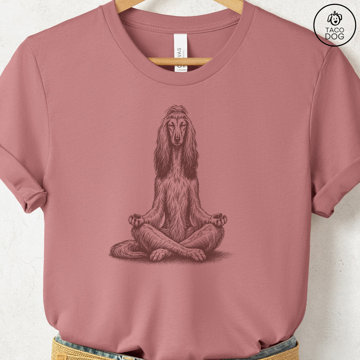 Afghan Hound Meditate T-Shirt Heather Mauve Taco-Dog