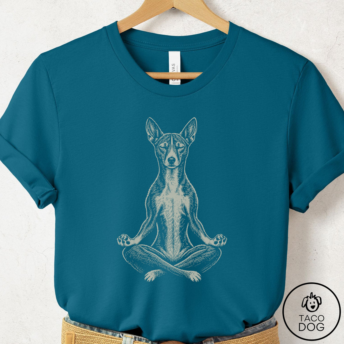 Basenji Meditate T-Shirt Deep Teal Taco-Dog