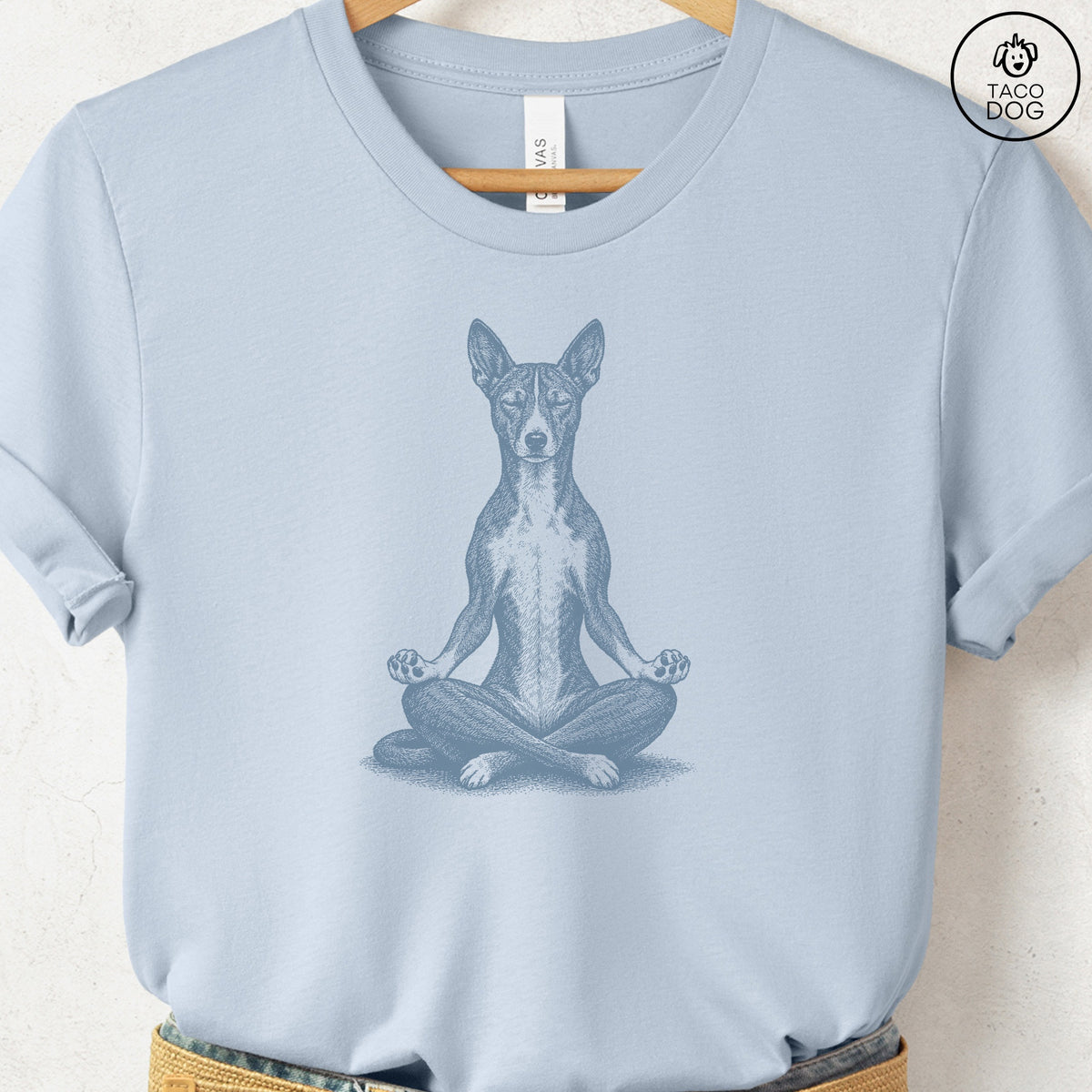 Basenji Meditate T-Shirt Light Blue Taco-Dog