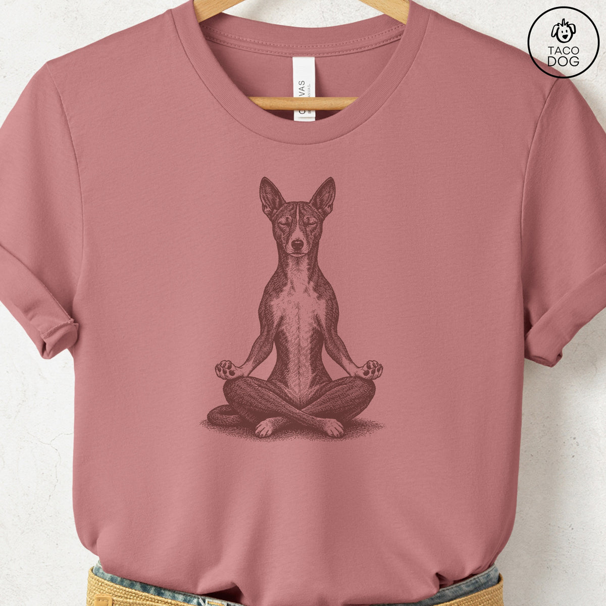Basenji Meditate T-Shirt Heather Mauve Taco-Dog