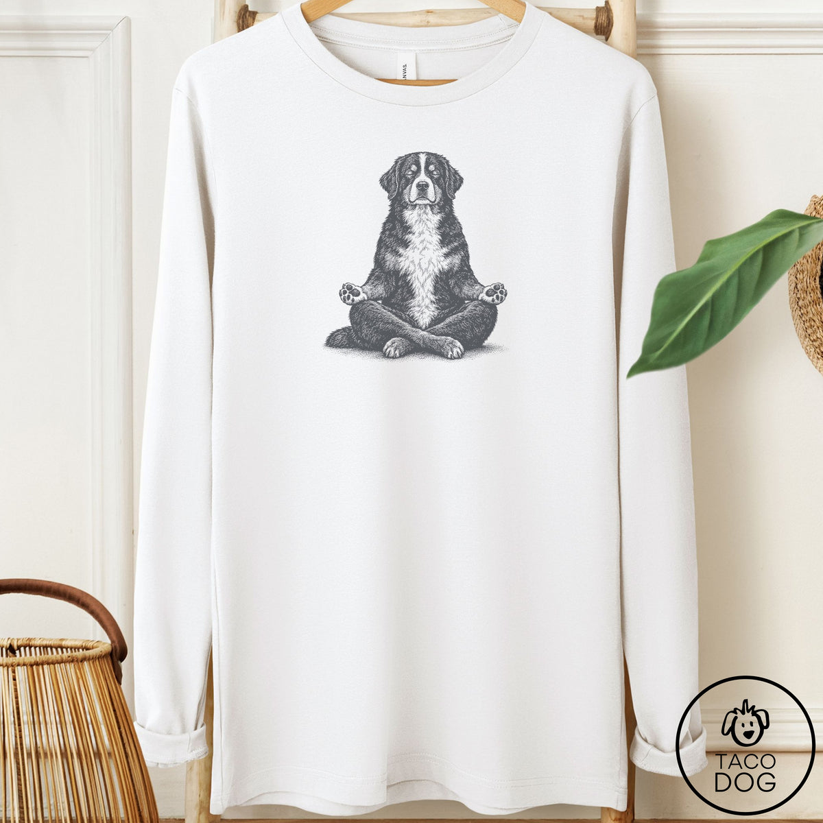 Bernese Mountain Dog Meditate Long Sleeve Tee White Taco-Dog