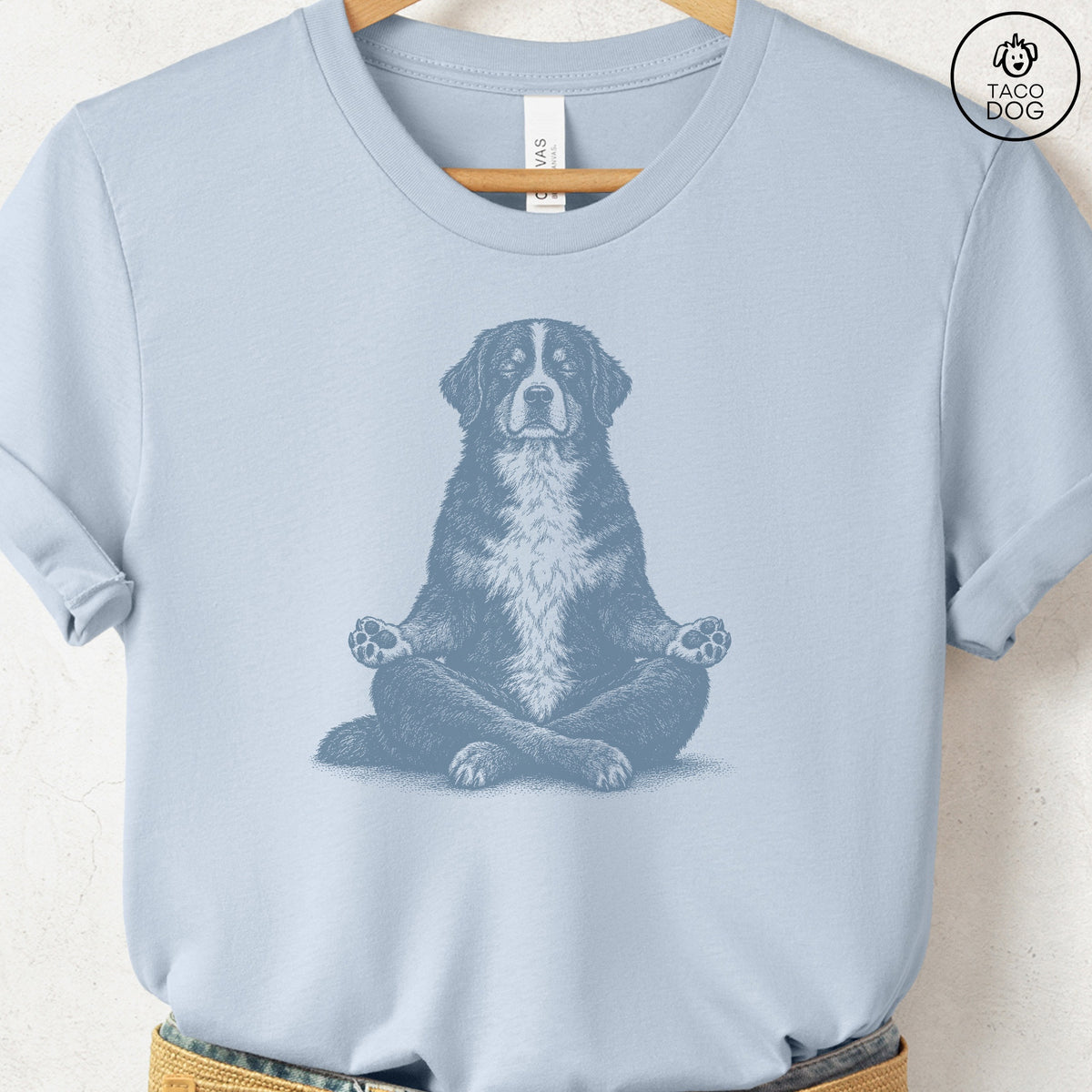 Bernese Mountain Dog Meditate T-Shirt Light Blue Taco-Dog