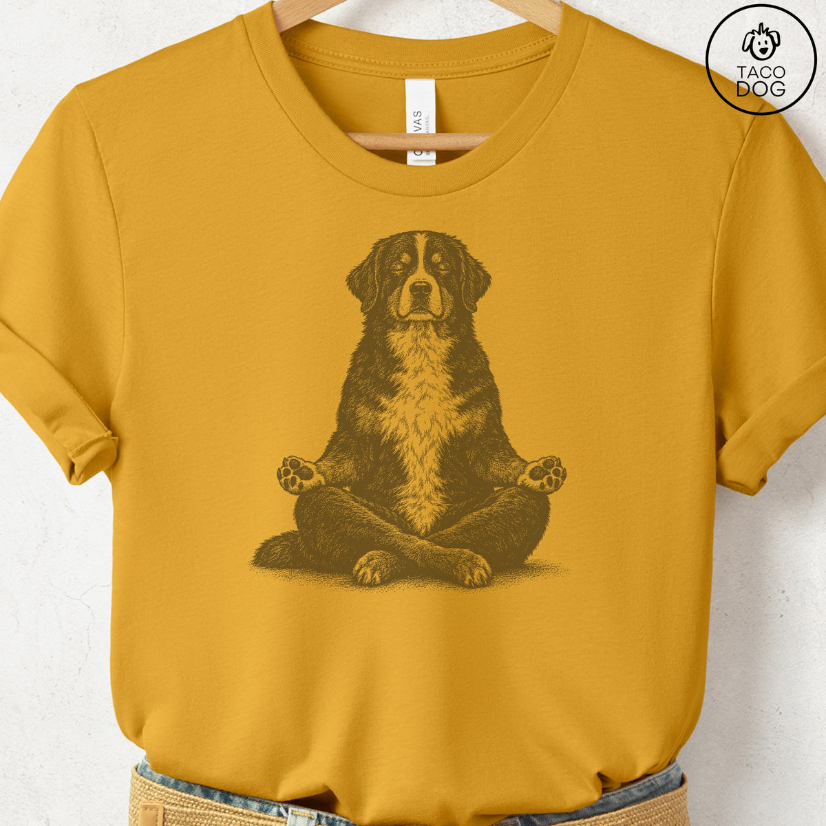 Bernese Mountain Dog Meditate T-Shirt Mustard Taco-Dog