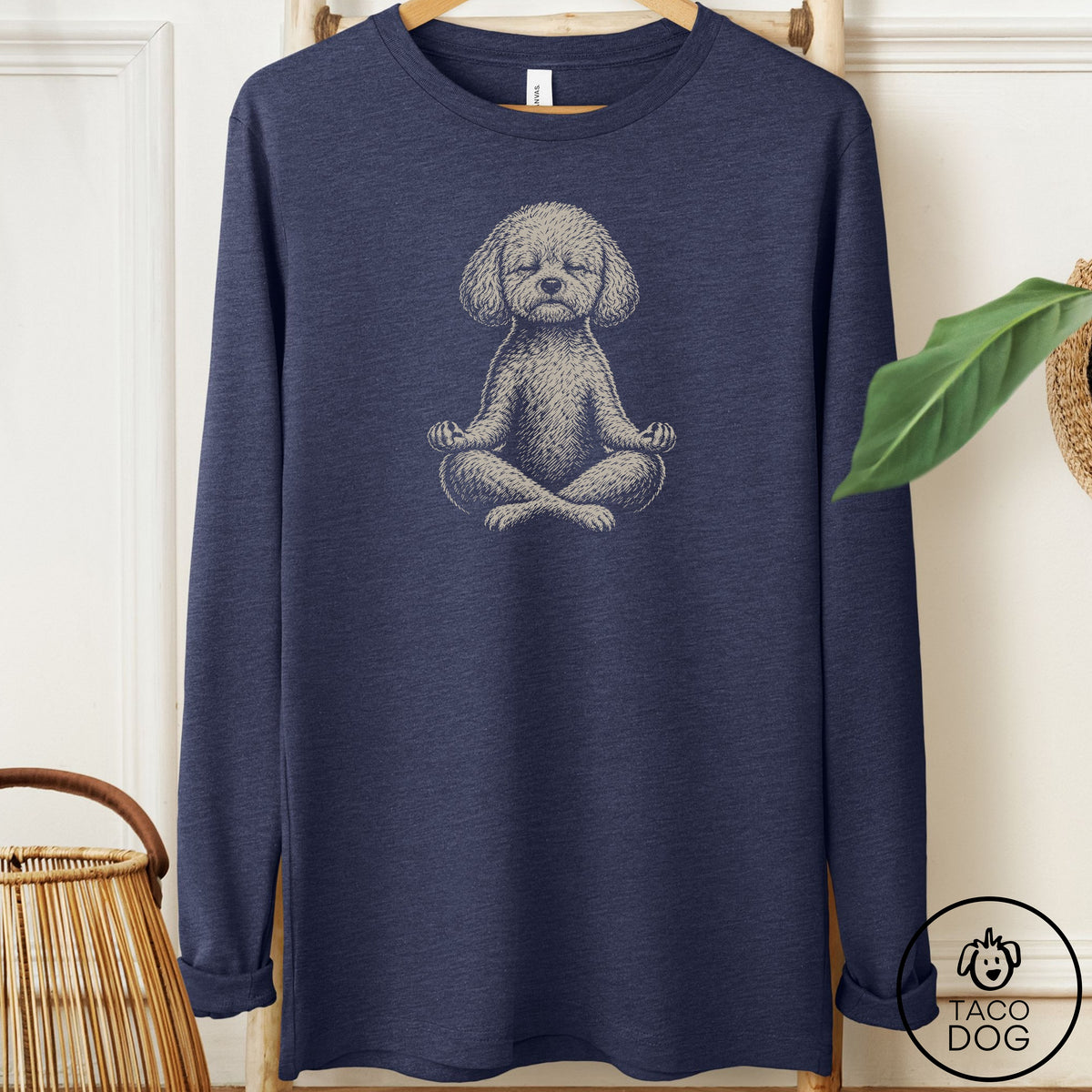 Bichon Frise Meditate Long Sleeve Tee Heather Navy Taco-Dog