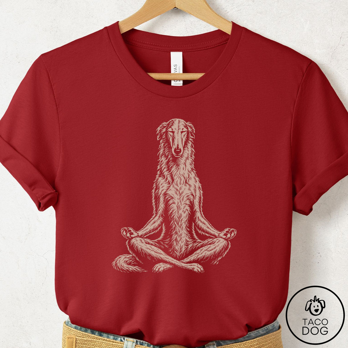 Borzoi Meditate T-Shirt Canvas Red Taco-Dog