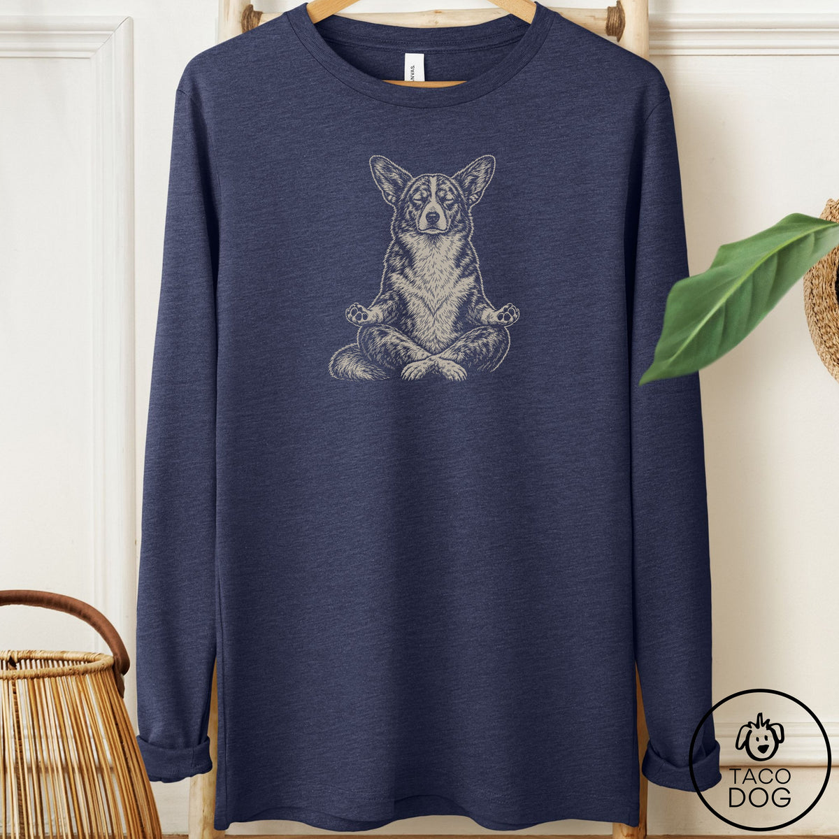 Cardigan Welsh Corgi Meditate Long Sleeve Tee Heather Navy Taco-Dog