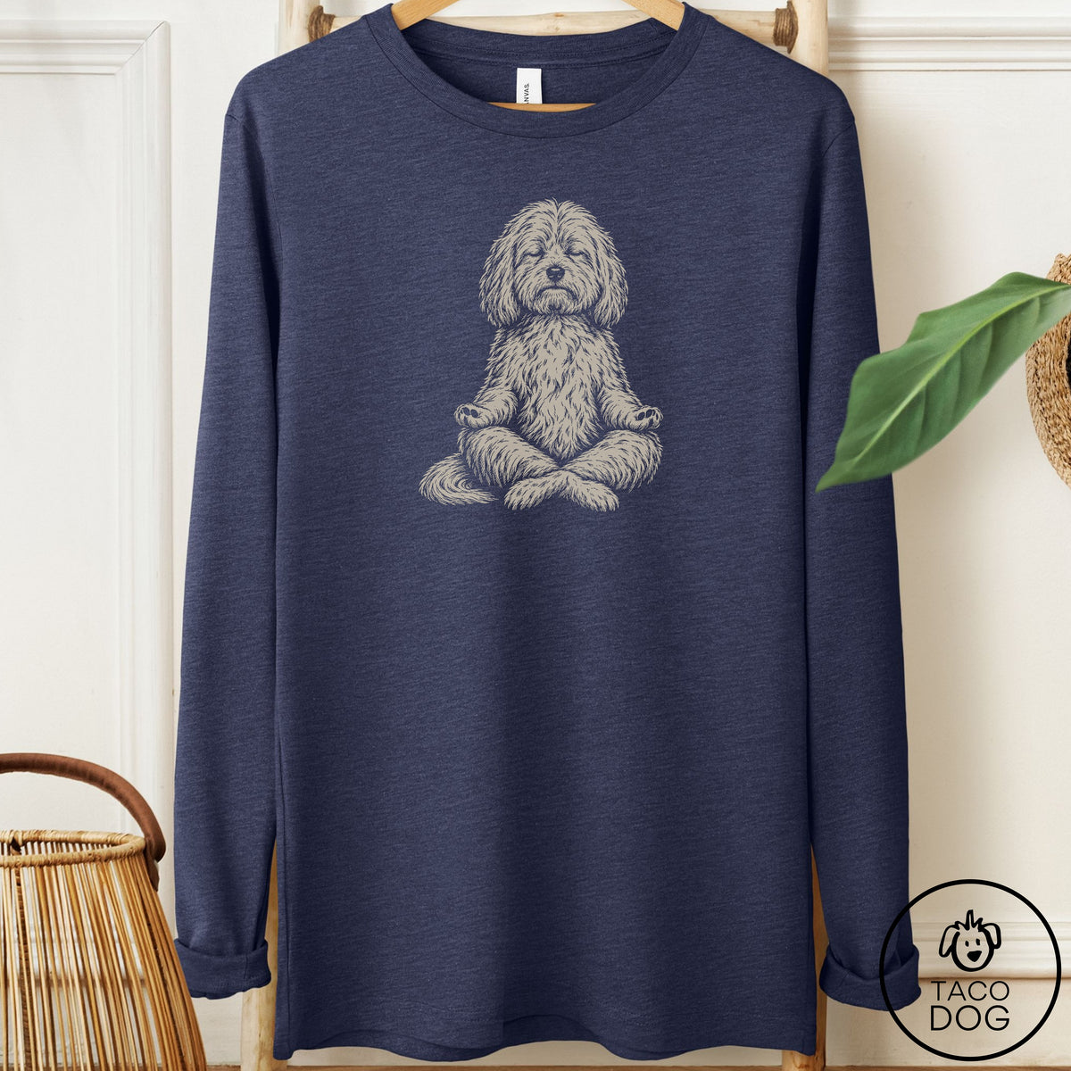 Coton De Tulear Meditate Long Sleeve Tee Heather Navy Taco-Dog
