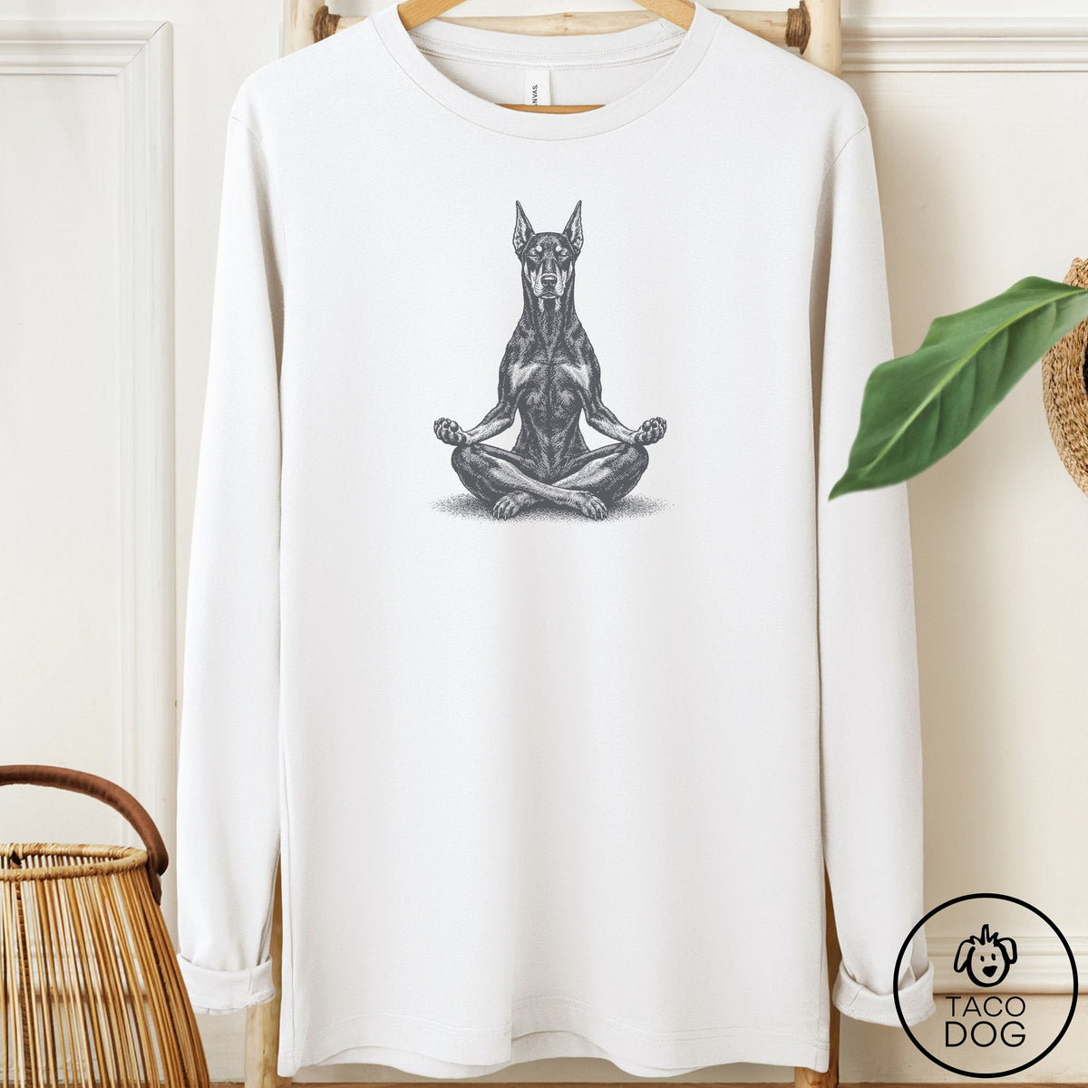 Doberman Meditate Long Sleeve Tee White Taco-Dog
