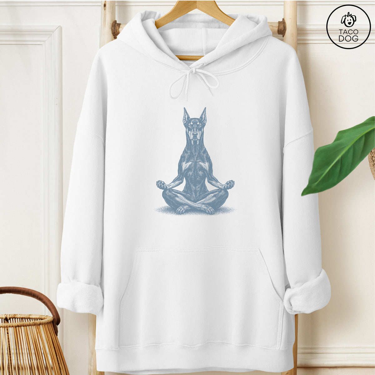 Doberman Meditate Hoodie White Taco-Dog