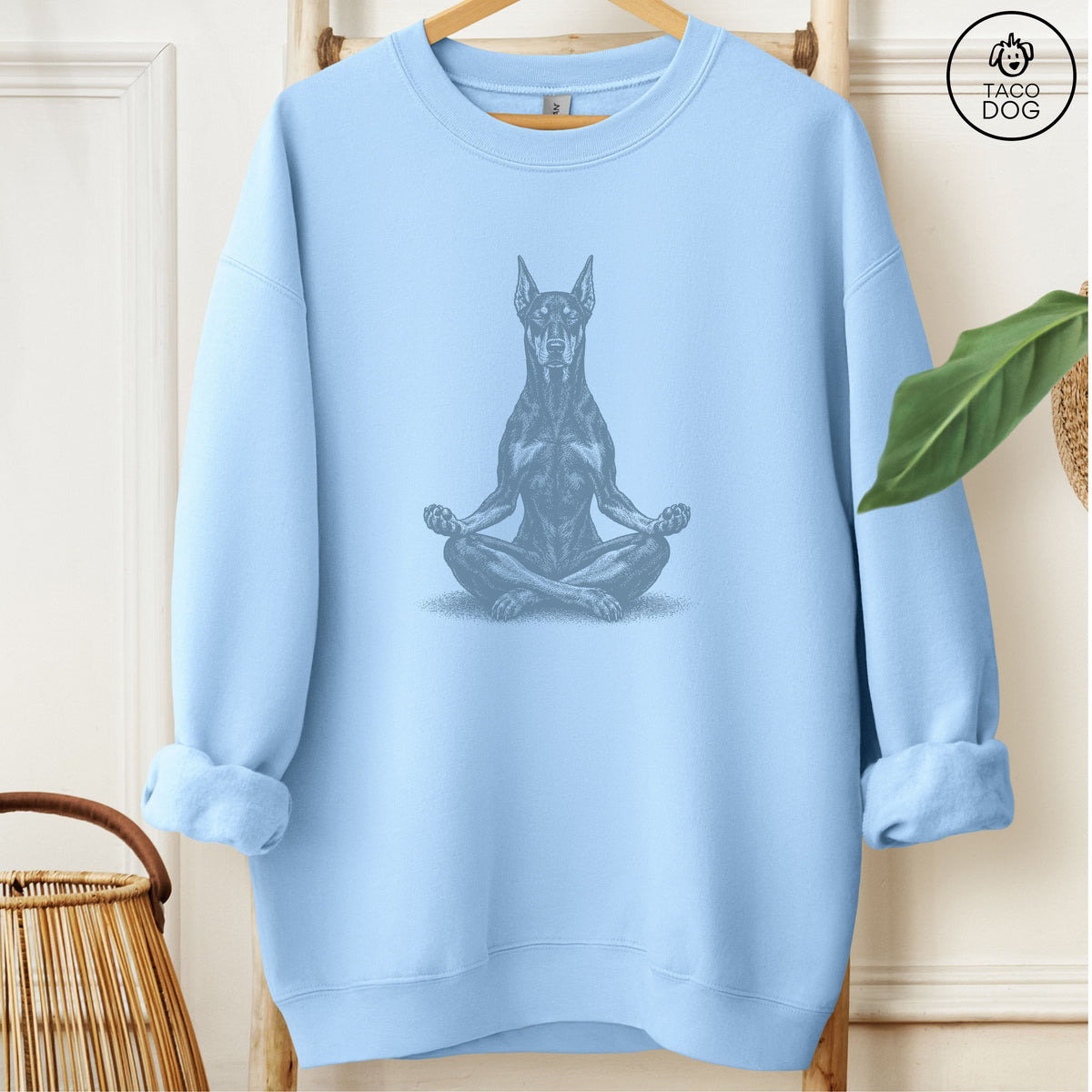 Doberman Meditate Sweatshirt Light Blue Taco-Dog