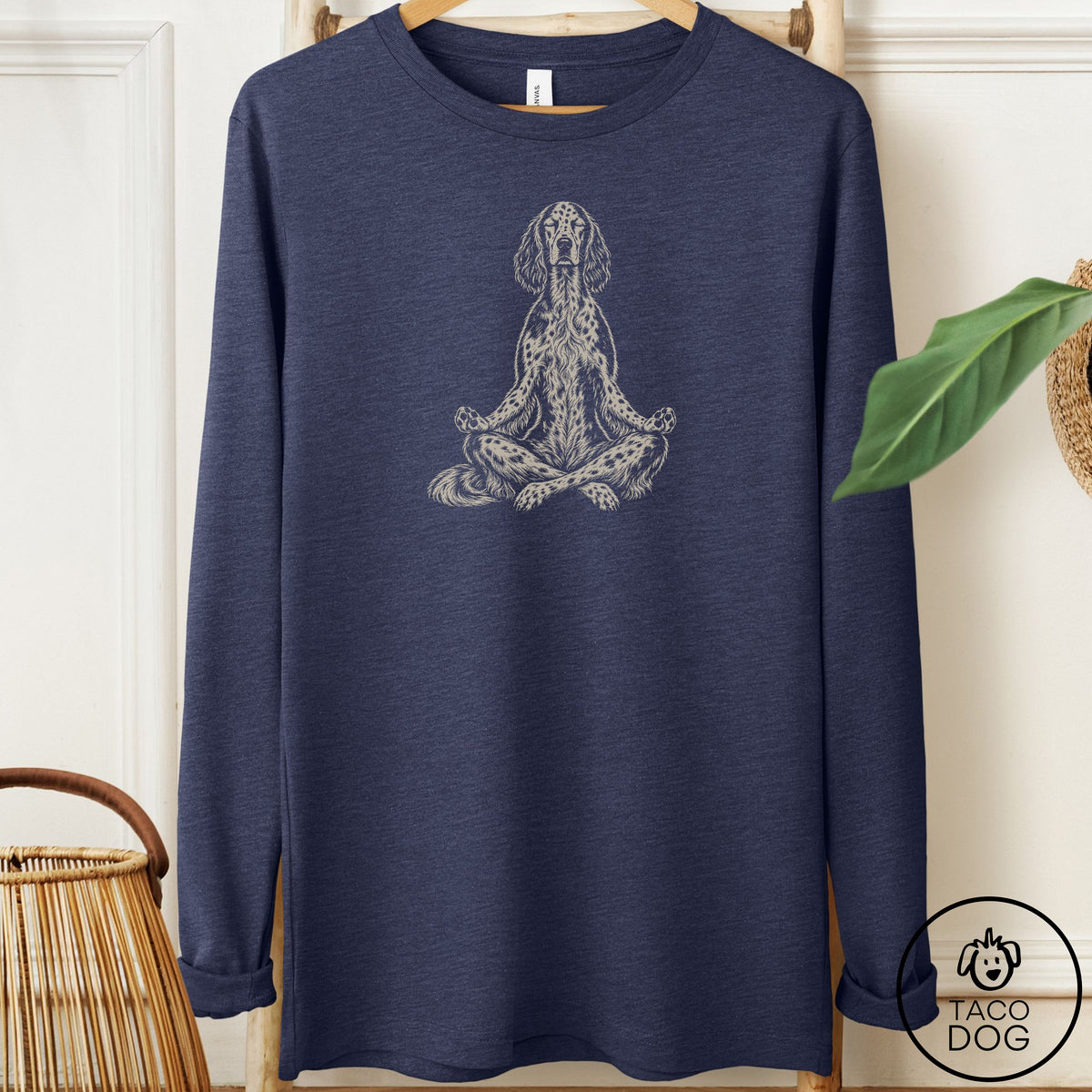 English Setter Meditate Long Sleeve Tee Heather Navy Taco-Dog