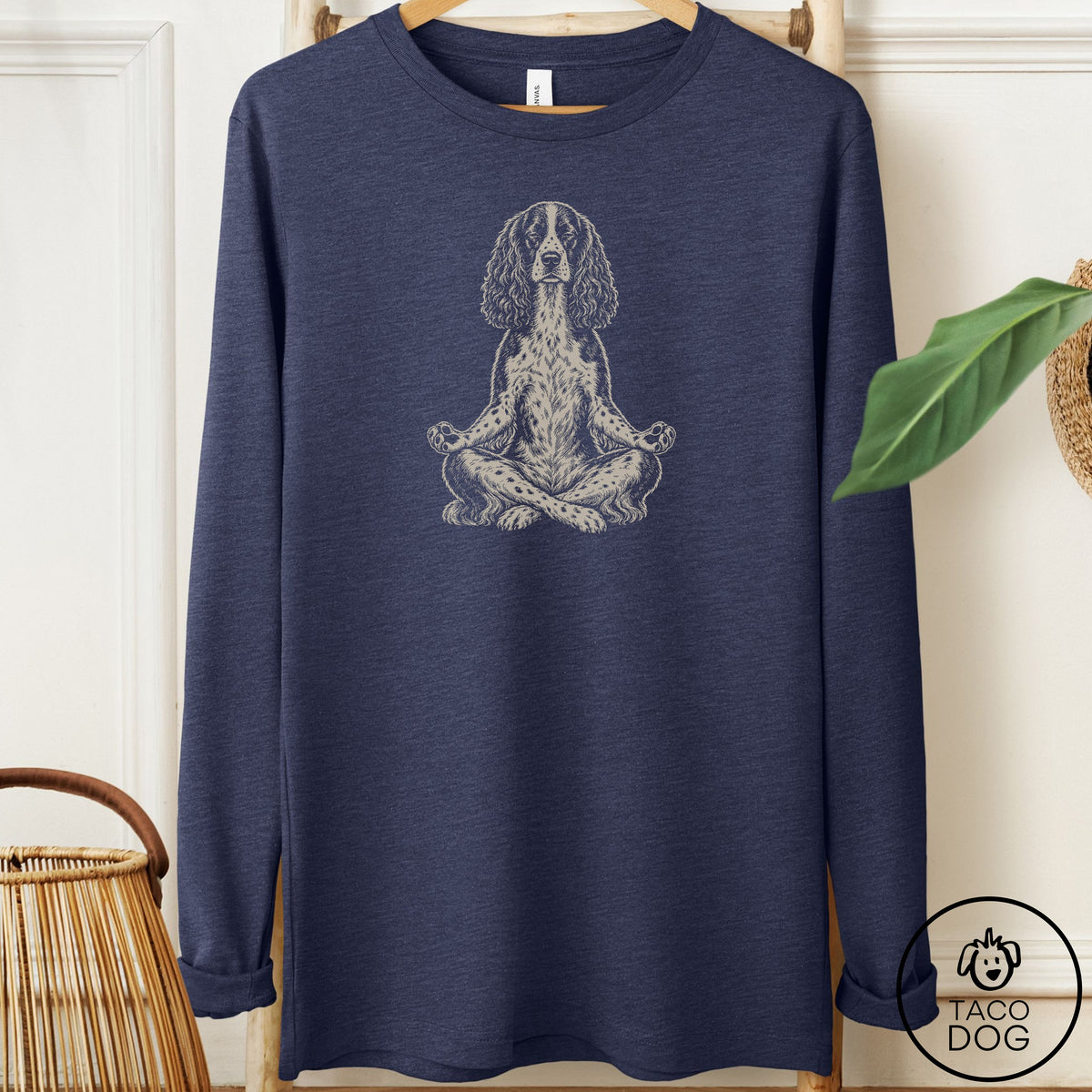 Springer Spaniel Meditate Long Sleeve Tee Heather Navy Taco-Dog