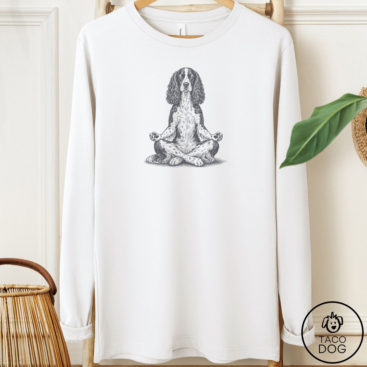 Springer Spaniel Meditate Long Sleeve Tee White Taco-Dog