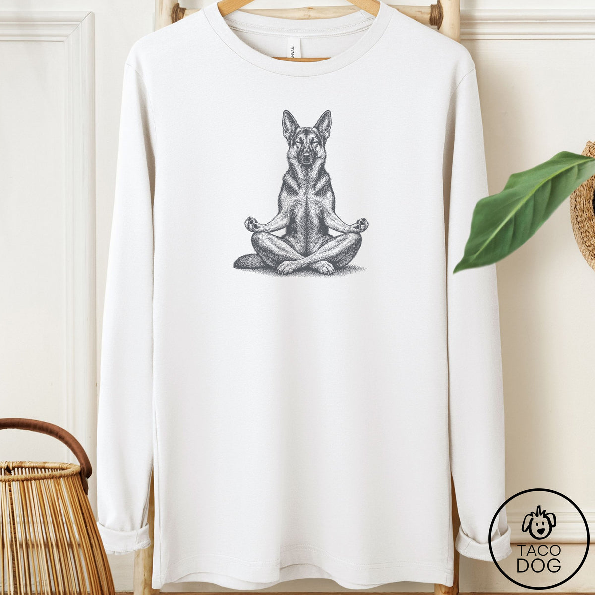 German Shepherd Meditate Long Sleeve Tee White Taco-Dog