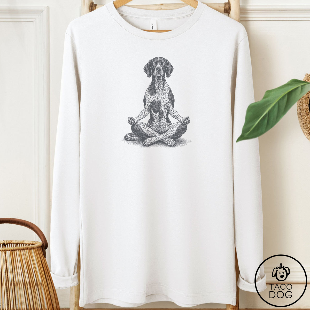 German Shorthaired Pointer Meditate Long Sleeve Tee White Taco-Dog