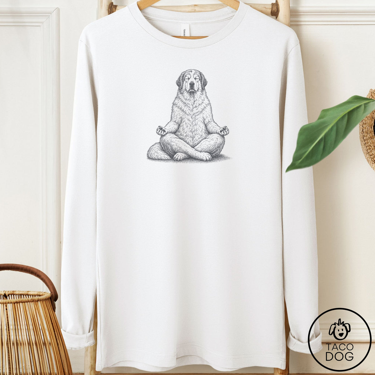 Great Pyrenees Meditate Long Sleeve Tee White Taco-Dog