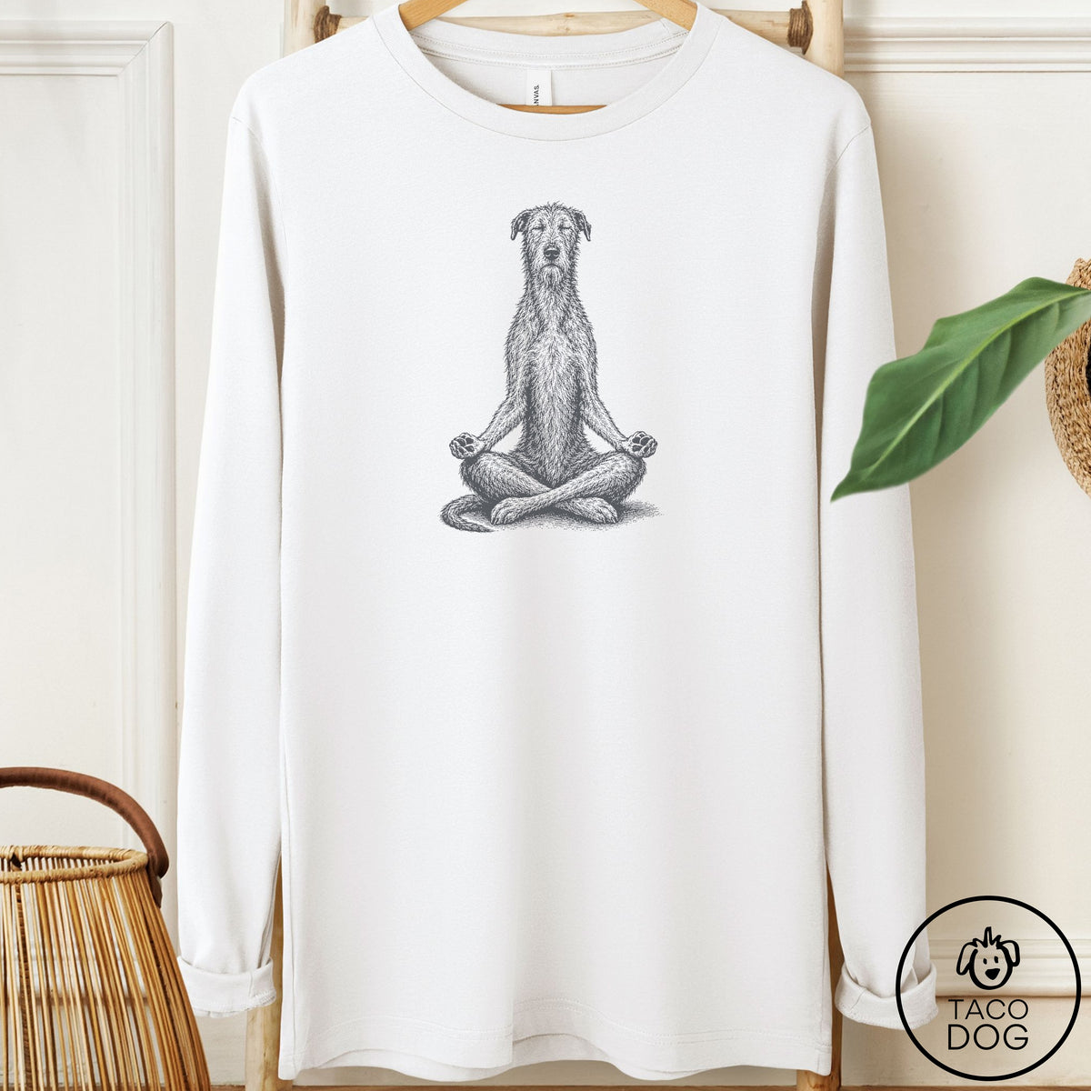 Irish Wolfhound Meditate Long Sleeve Tee White Taco-Dog