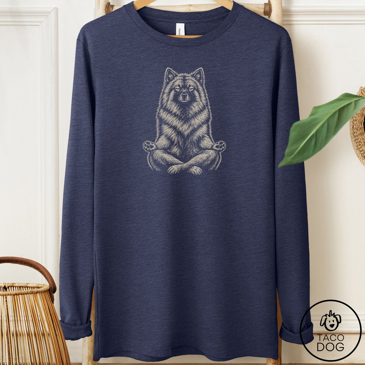 Keeshond Meditate Long Sleeve Tee Heather Navy Taco-Dog