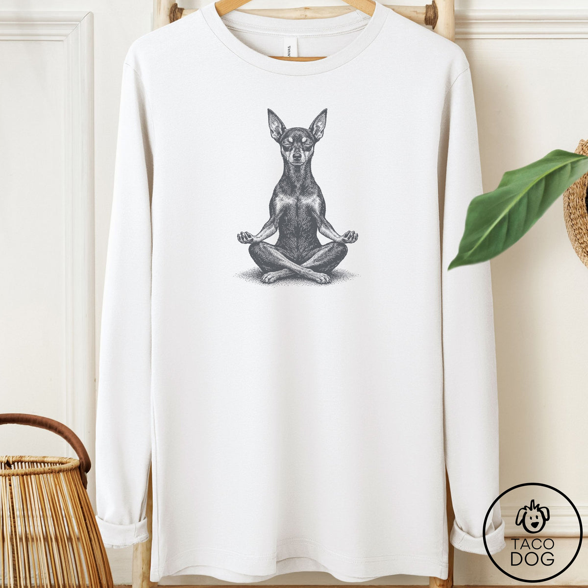 Miniature Pinscher Meditate Long Sleeve Tee White Taco-Dog
