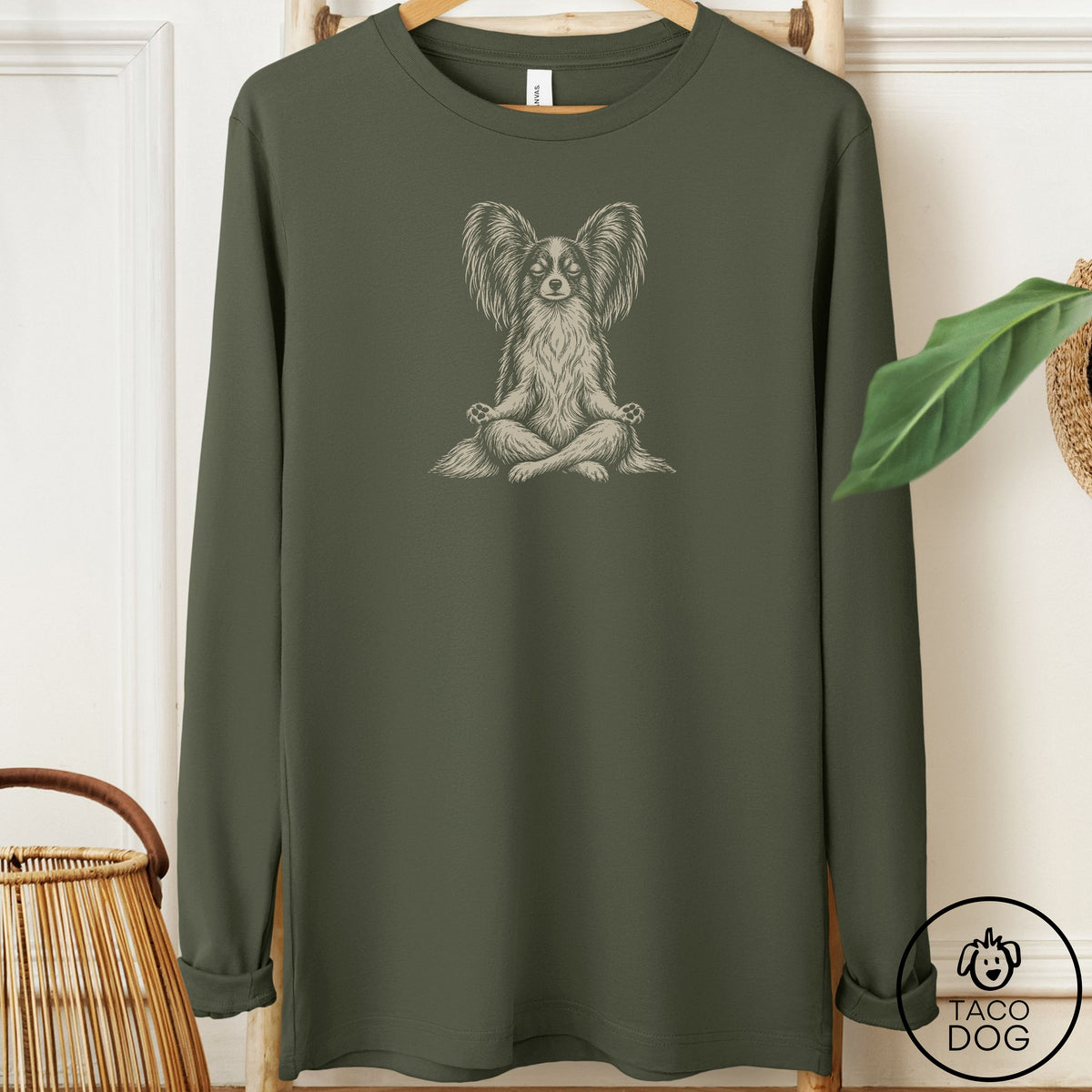 Papillon Meditate Long Sleeve Tee Military Green Taco-Dog