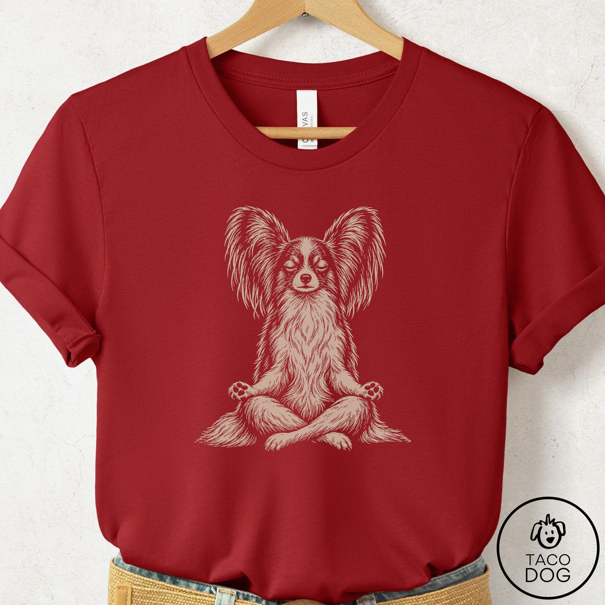 Papillon Meditate T-Shirt Canvas Red Taco-Dog