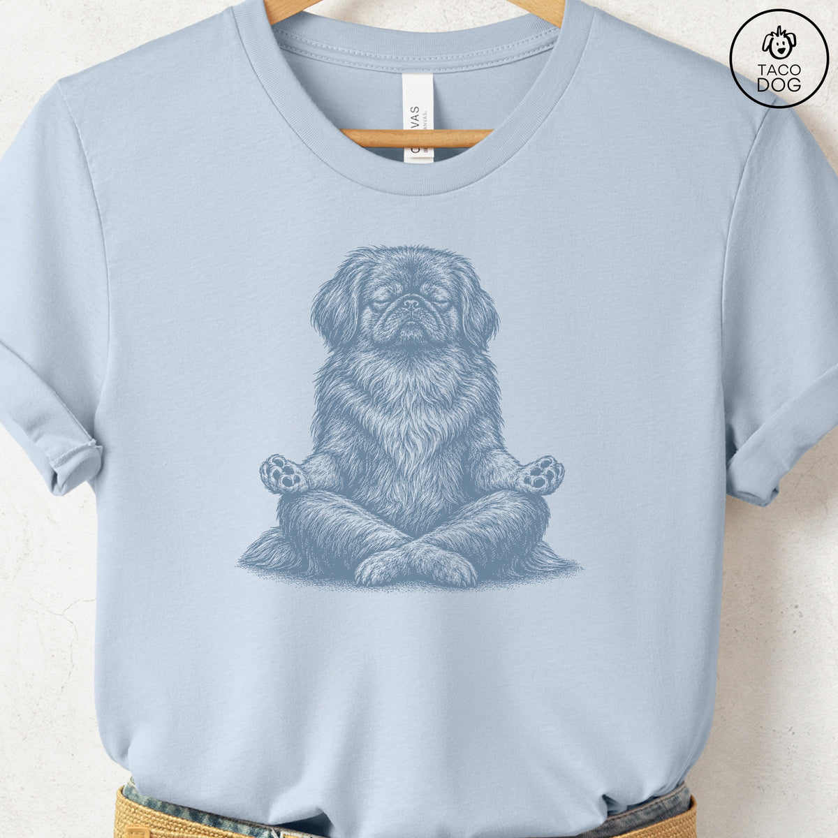 Pekingese Meditate T-Shirt Light Blue Taco-Dog