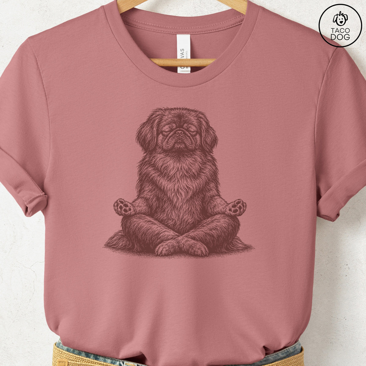 Pekingese Meditate T-Shirt, design close-up
