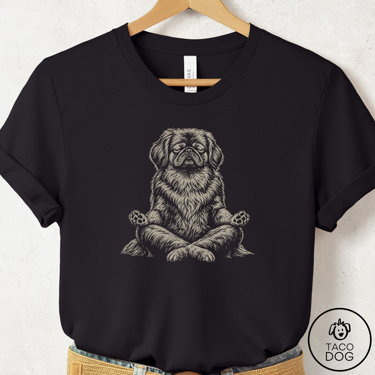 Pekingese Meditate T-Shirt Black Taco-Dog