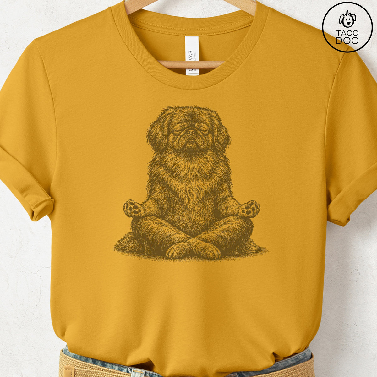 Pekingese Meditate T-Shirt Mustard Taco-Dog