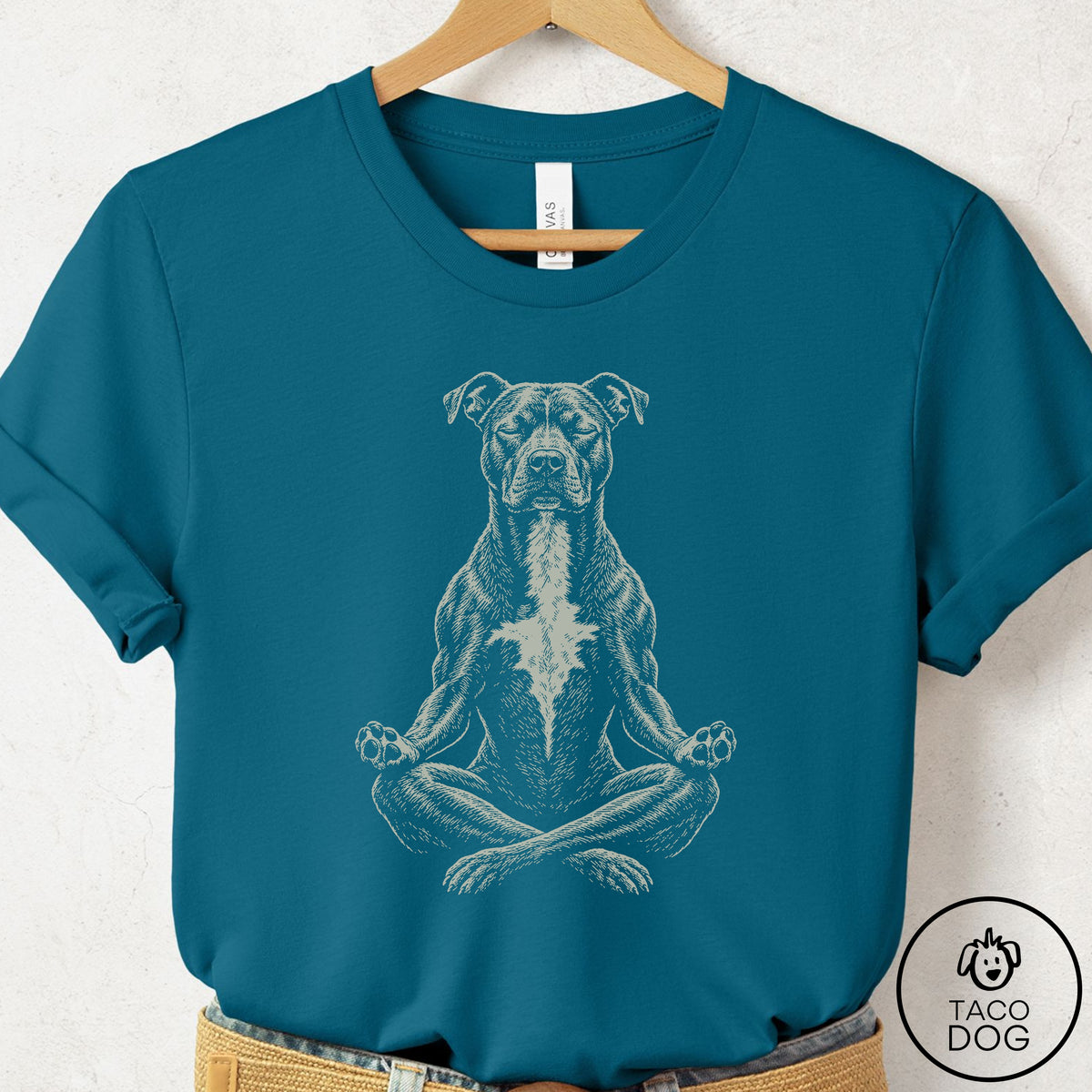 Pitbull Meditate T-Shirt Deep Teal Taco-Dog