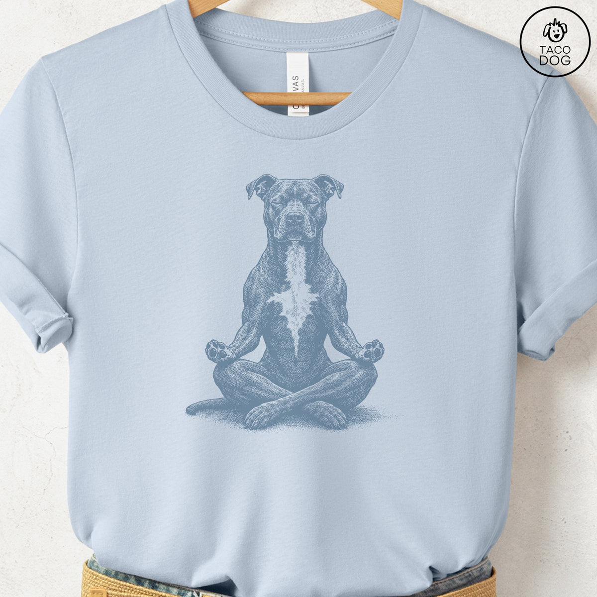 Pitbull Meditate T-Shirt Light Blue Taco-Dog